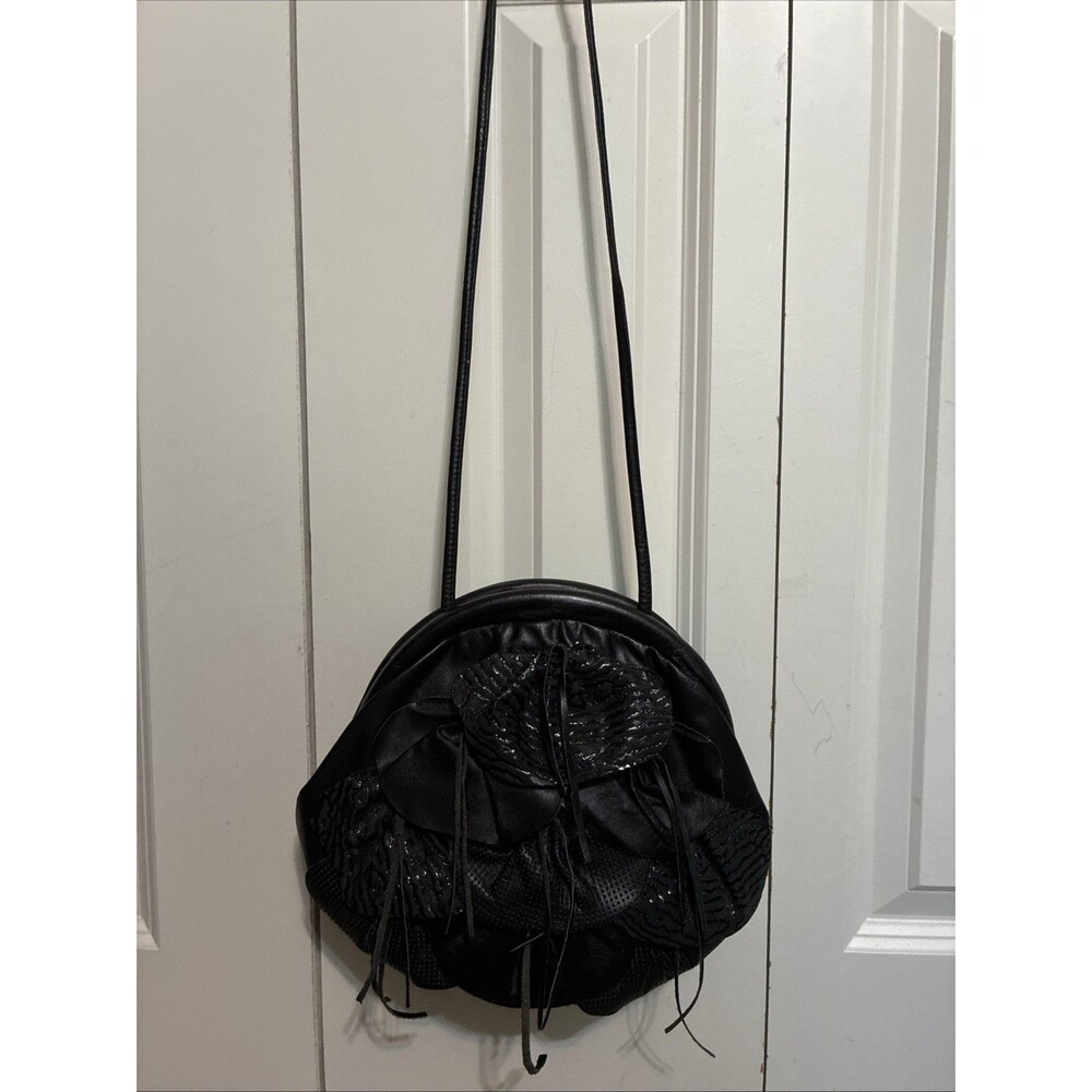 Bags By Pinky Y2K Black Leather Fringe Shoulder Bag Vintage 90s USA - Picture 2 of 9